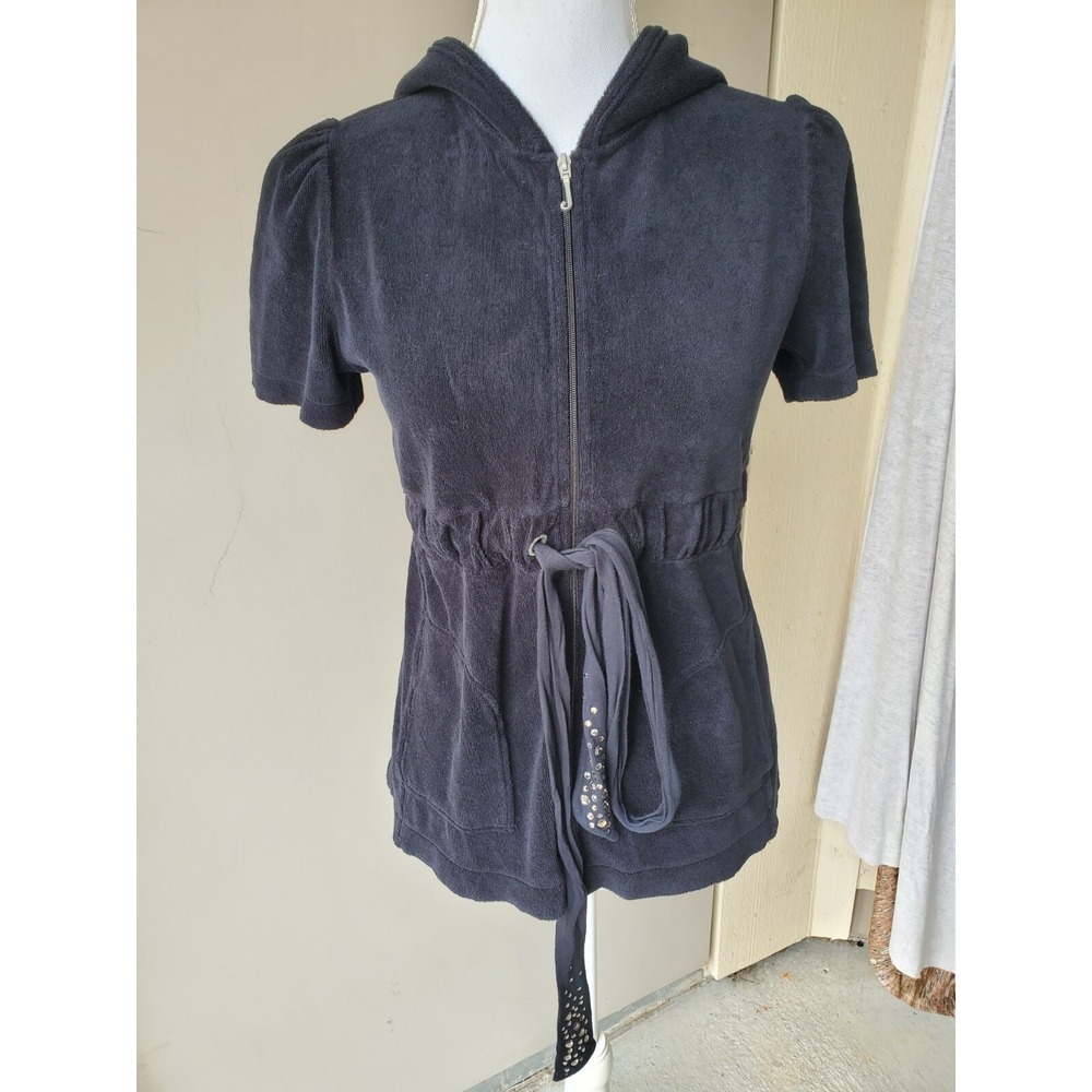 Juicy Couture Terry Zip Top Womens‎ Medium Black Cinch Waist Embellished Y2K VTG